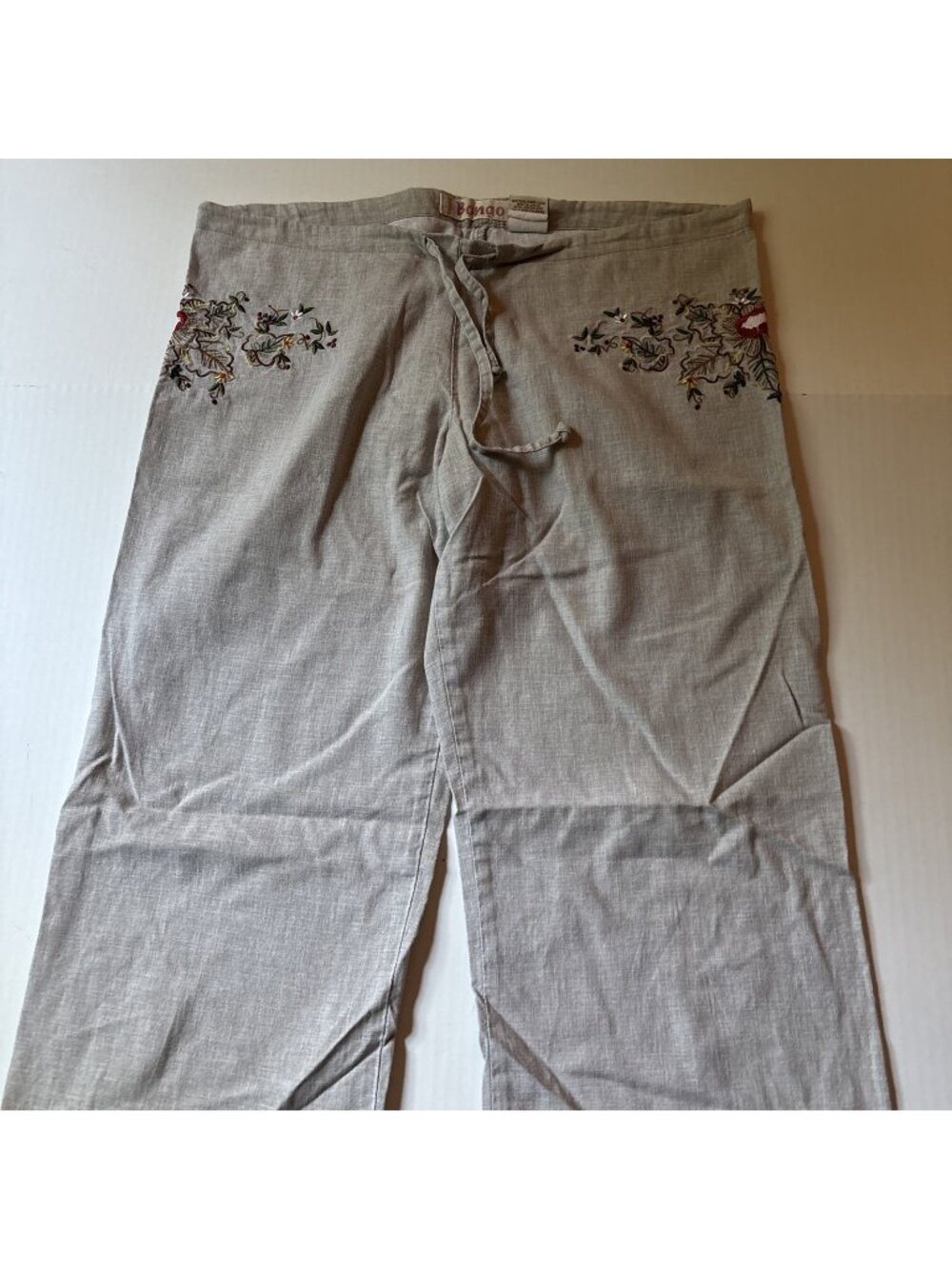 Bongo Linen Embroidered Pants Beige Size Medium Festival Boho Loose Fit